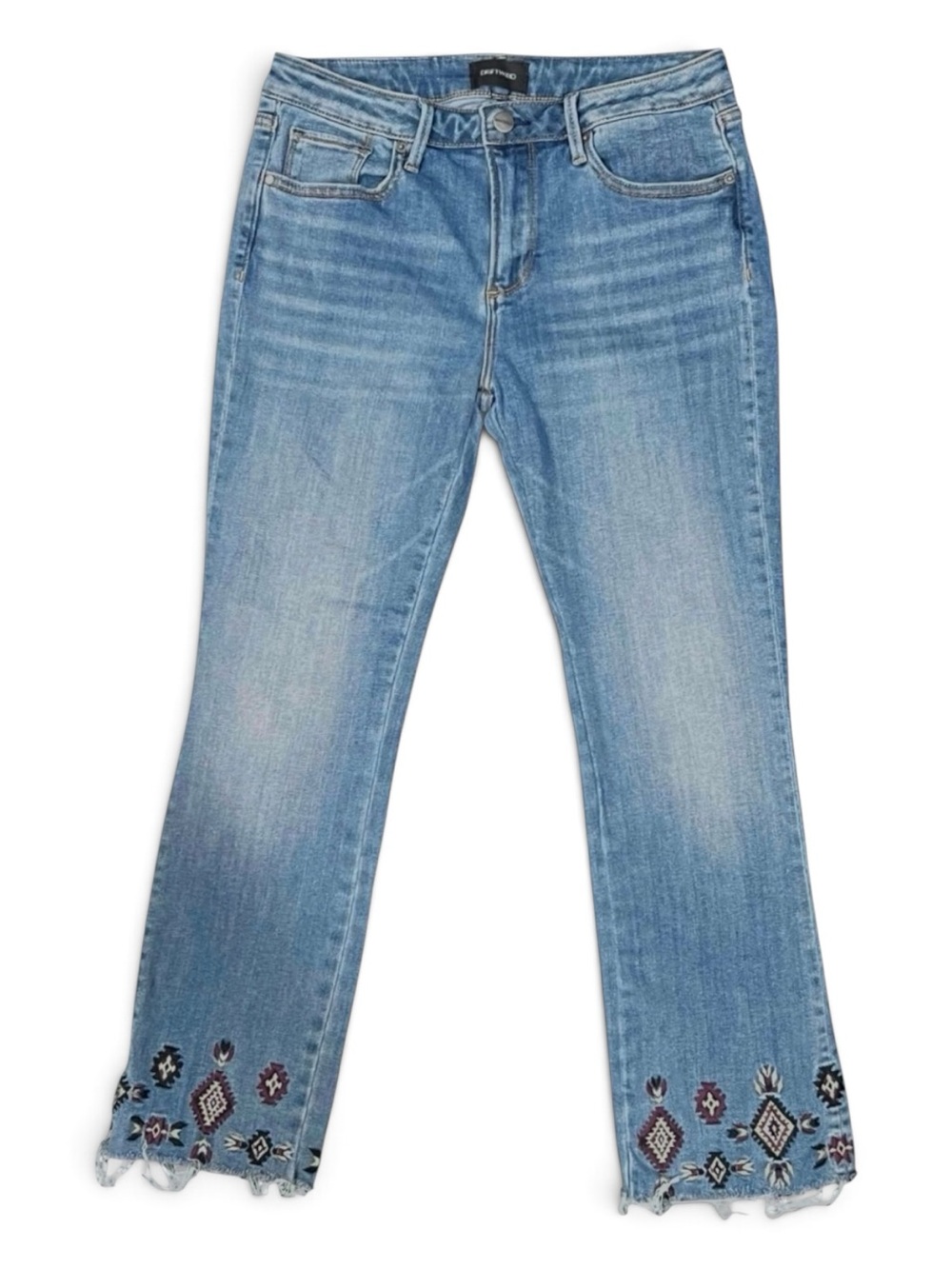 Driftwood Colette Jeans Women’s 28 Embroidered Crop Flare Raw Hem Mid Rise Boho